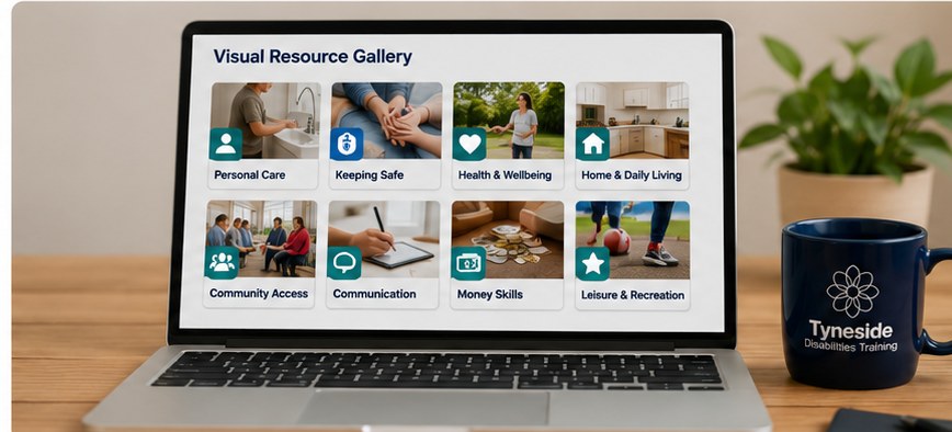 Illustrative mock-up from Tyneside artwork, showing visual learning resources on a laptop.